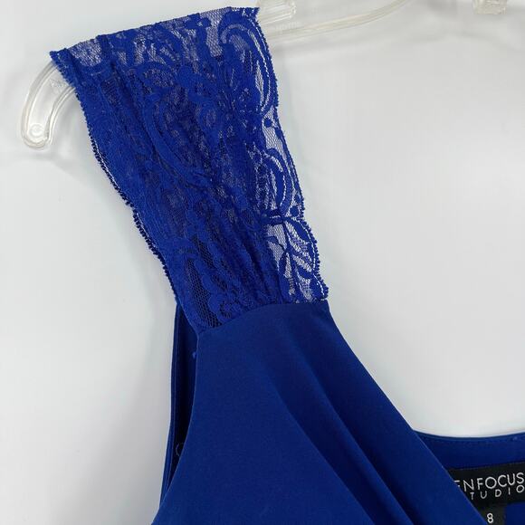 Enfocus Studio Y2K Bandage Dress Sz 8 Royal Blue Lace Babydoll Deep V Coquette - Picture 3 of 11